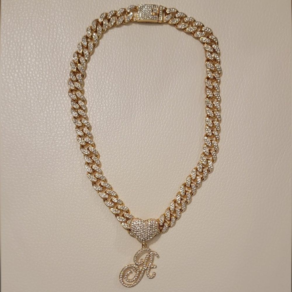 18K Gold Plated Iced Miami Cuban Link Chain With Heart/Cursive A Pendant - Picture 2 of 16